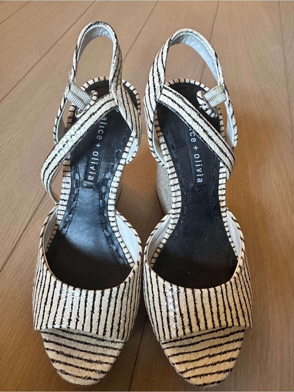 Alice + Olivia Black and White Striped Slingback Wedge Sandals